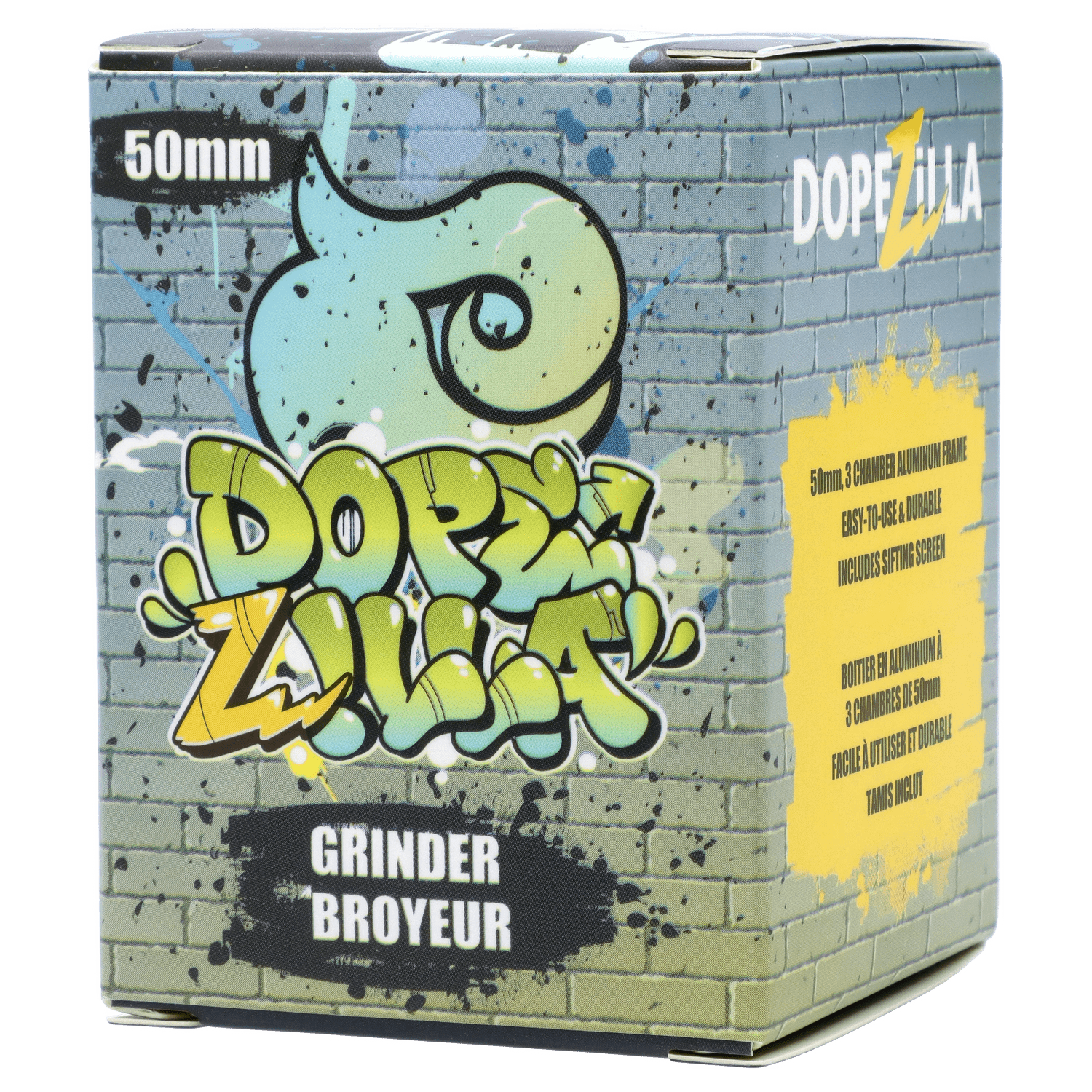 Angled front view of the graffiti‑style Dopezilla Space Pod 3-Stage 50 mm Grinder - Air box showing a brick wall print, colorful logo, and yellow info panel.