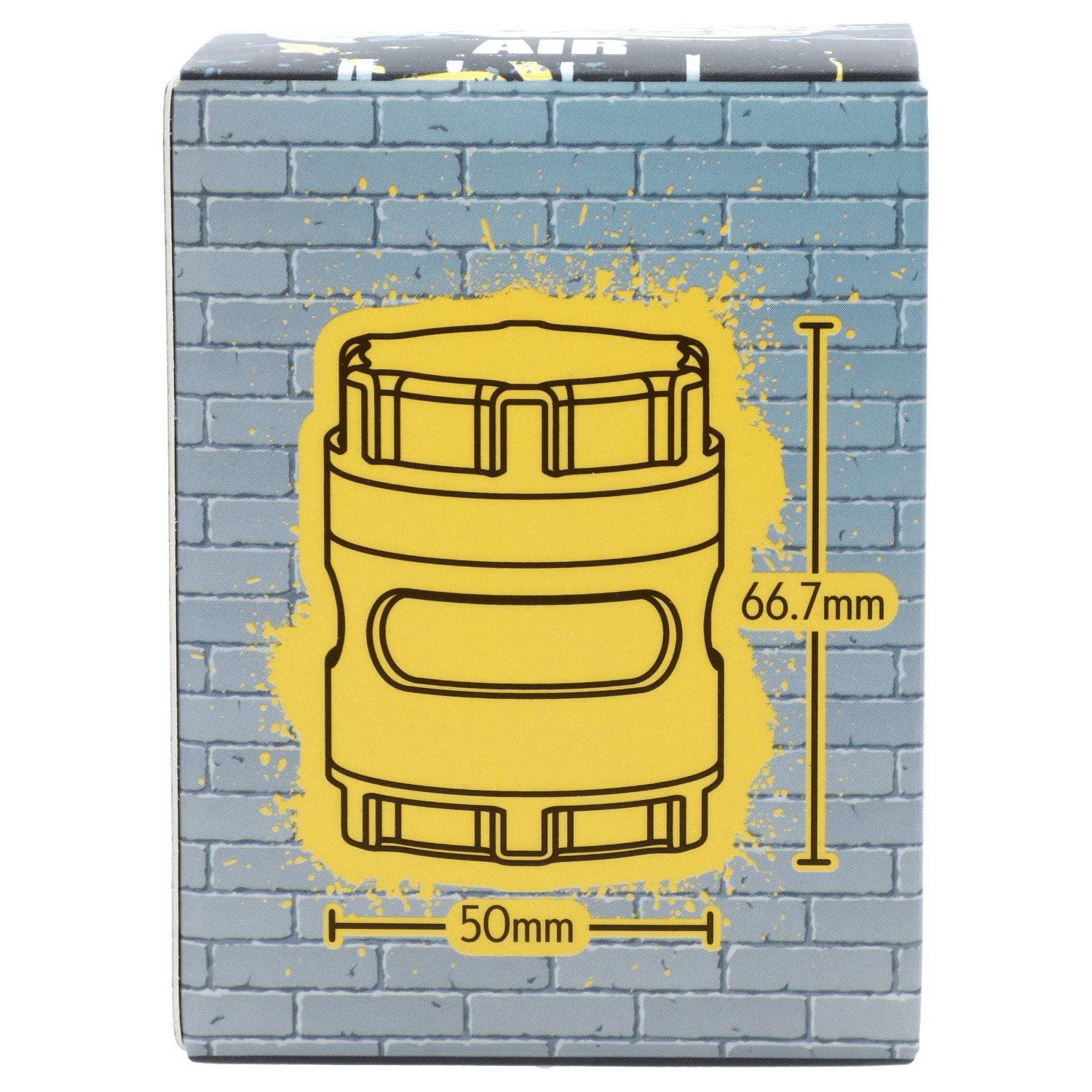 Front-facing close-up of packaging artwork showing a yellow stencil drawing and measurements, labeled Dopezilla Space Pod 3-Stage 50 mm Grinder - Air.