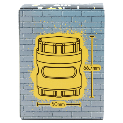 Front-facing close-up of packaging artwork showing a yellow stencil drawing and measurements, labeled Dopezilla Space Pod 3-Stage 50 mm Grinder - Air.