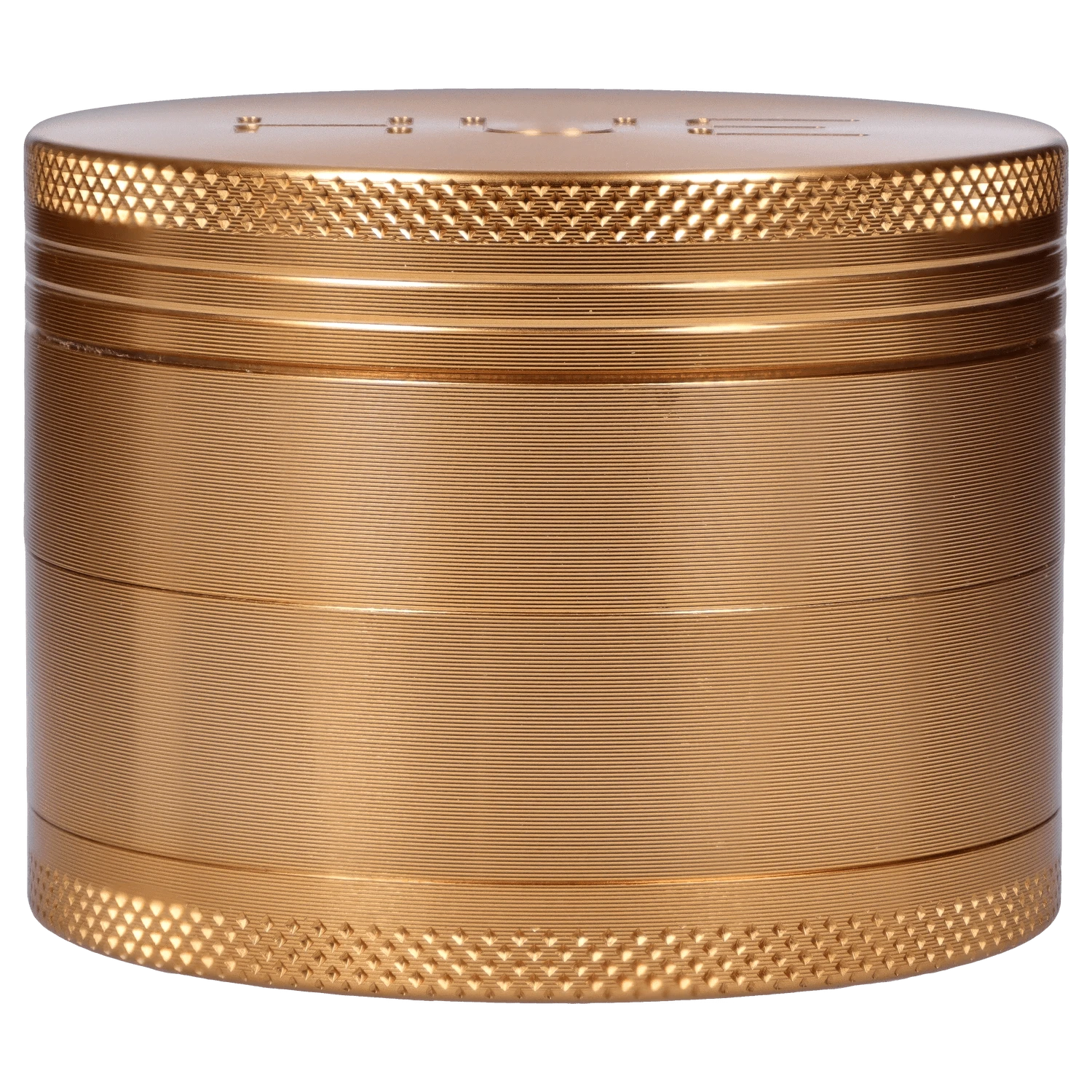 Front view of the Hue 3-Stage Grinder in champagne gold, showing its textured, cylindrical design.