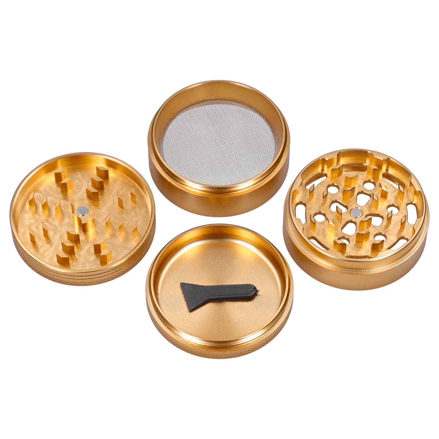 A top-down view of the disassembled Hue 3-Stage Grinder in champagne gold, showcasing its multi-tiered design and metallic finish.