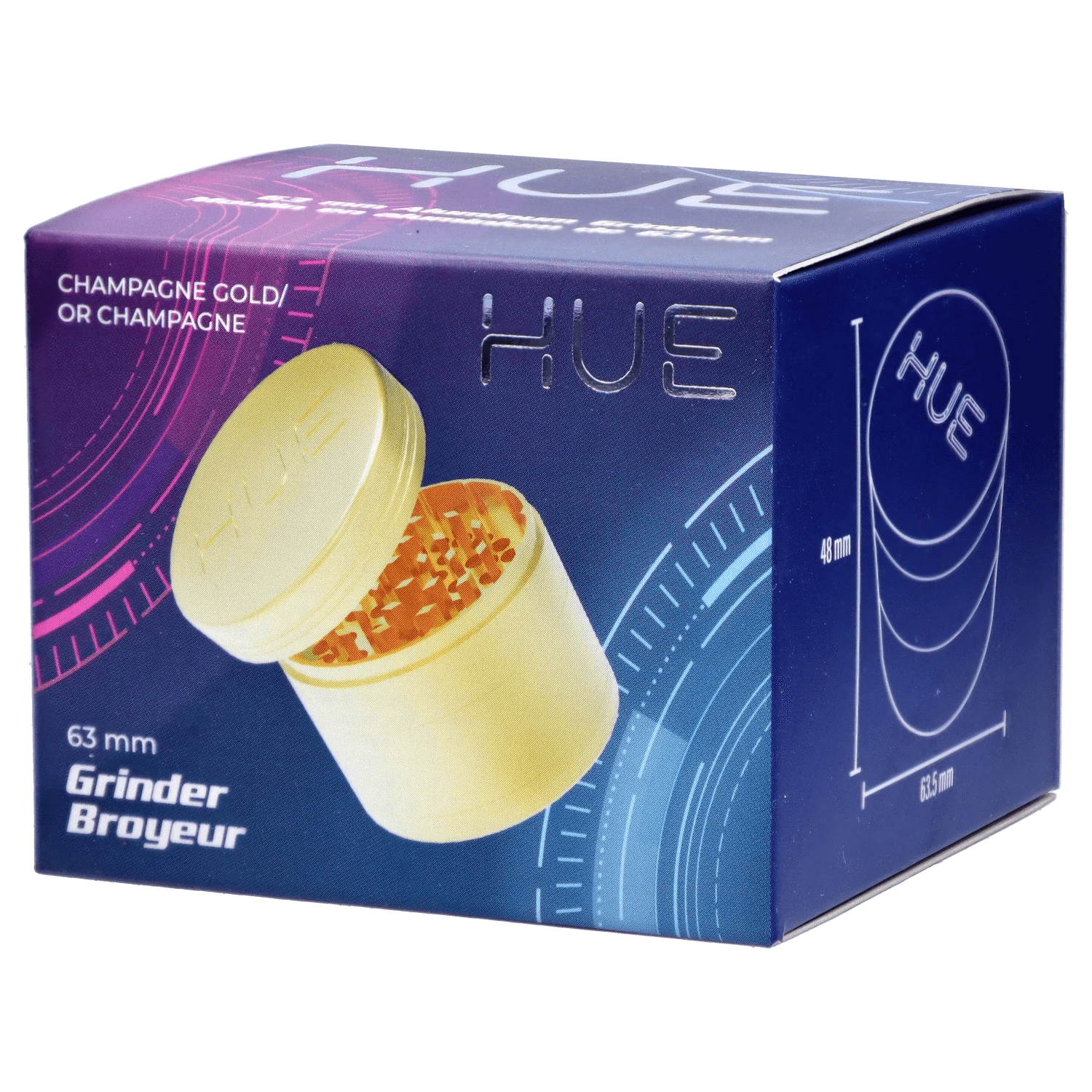 Front view of the Hue 3-Stage Grinder in champagne gold, showcasing its multi-tiered design and metallic finish.