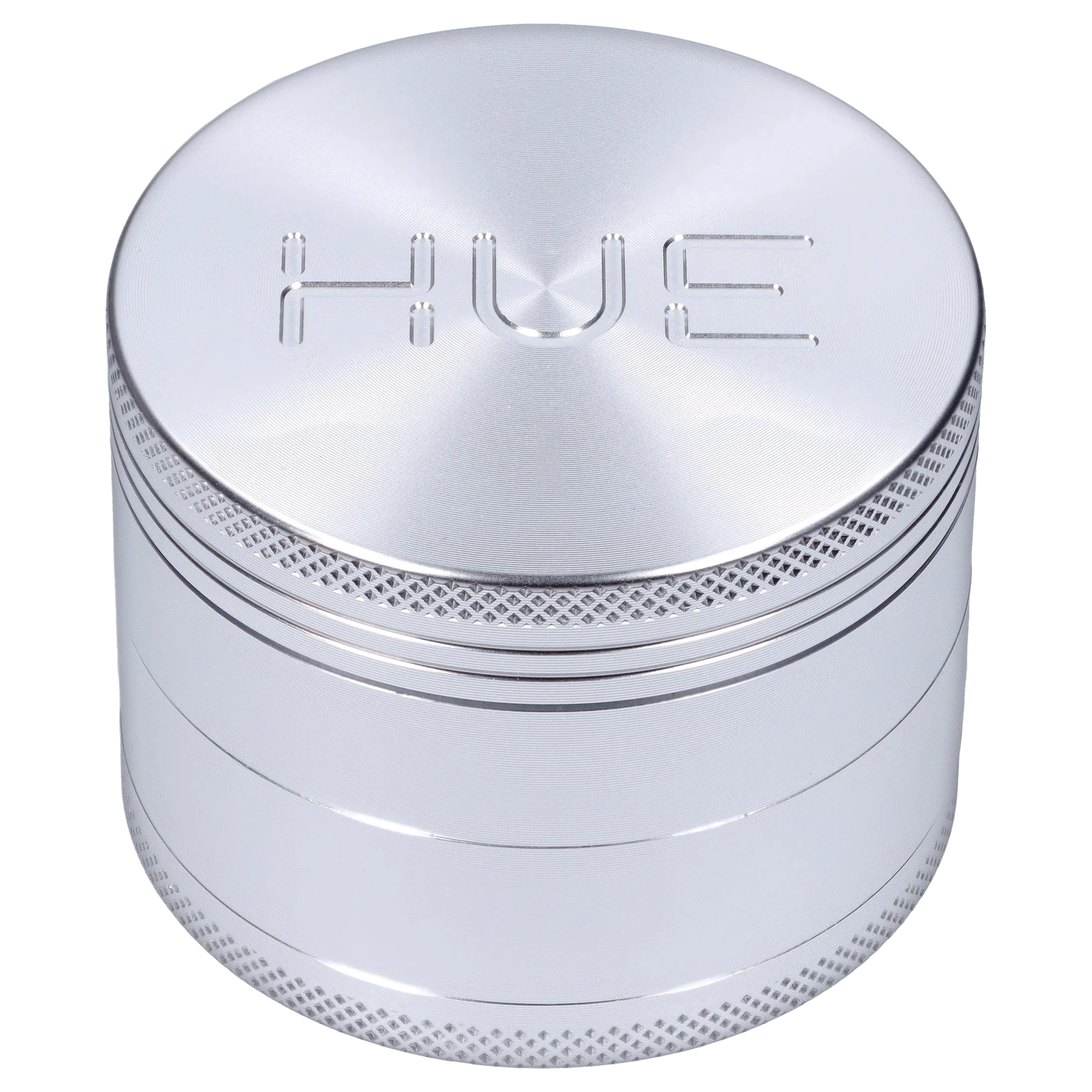 A front view of the Hue 3-Stage Grinder in chrome, showcasing its cylindrical, multi-tiered design.