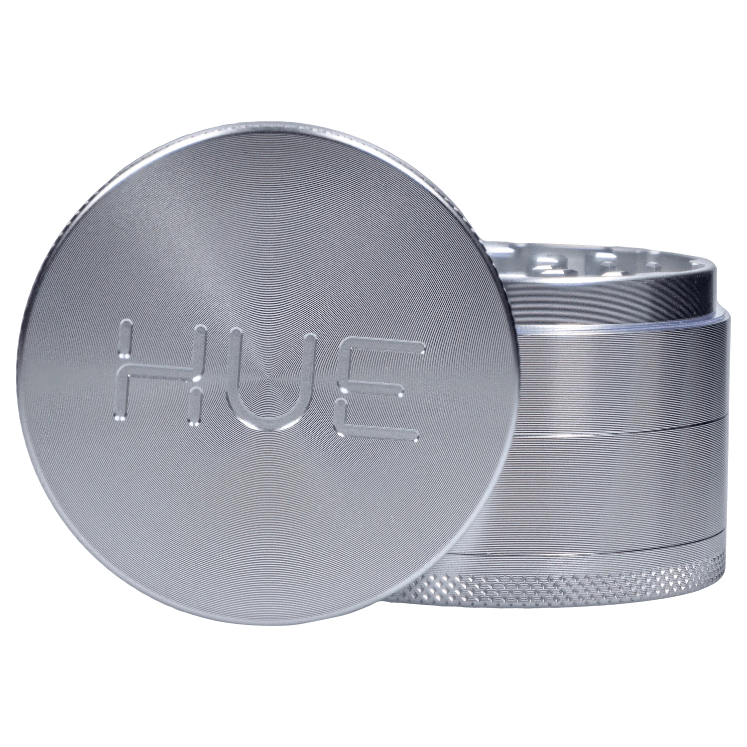 A close-up, angled view of the Hue 3-Stage Grinder in chrome, showcasing its tiered, cylindrical design.