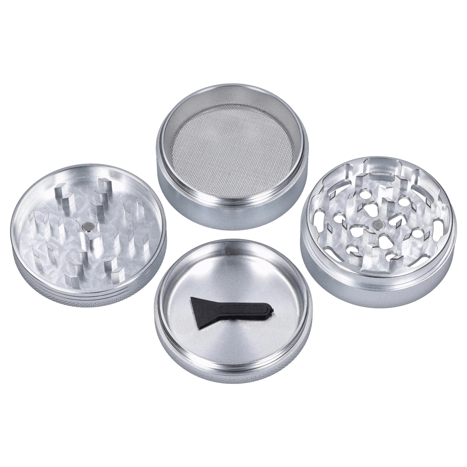A top-down view of the Hue 3-Stage Grinder - Chrome, showcasing its three circular tiers and metallic finish.