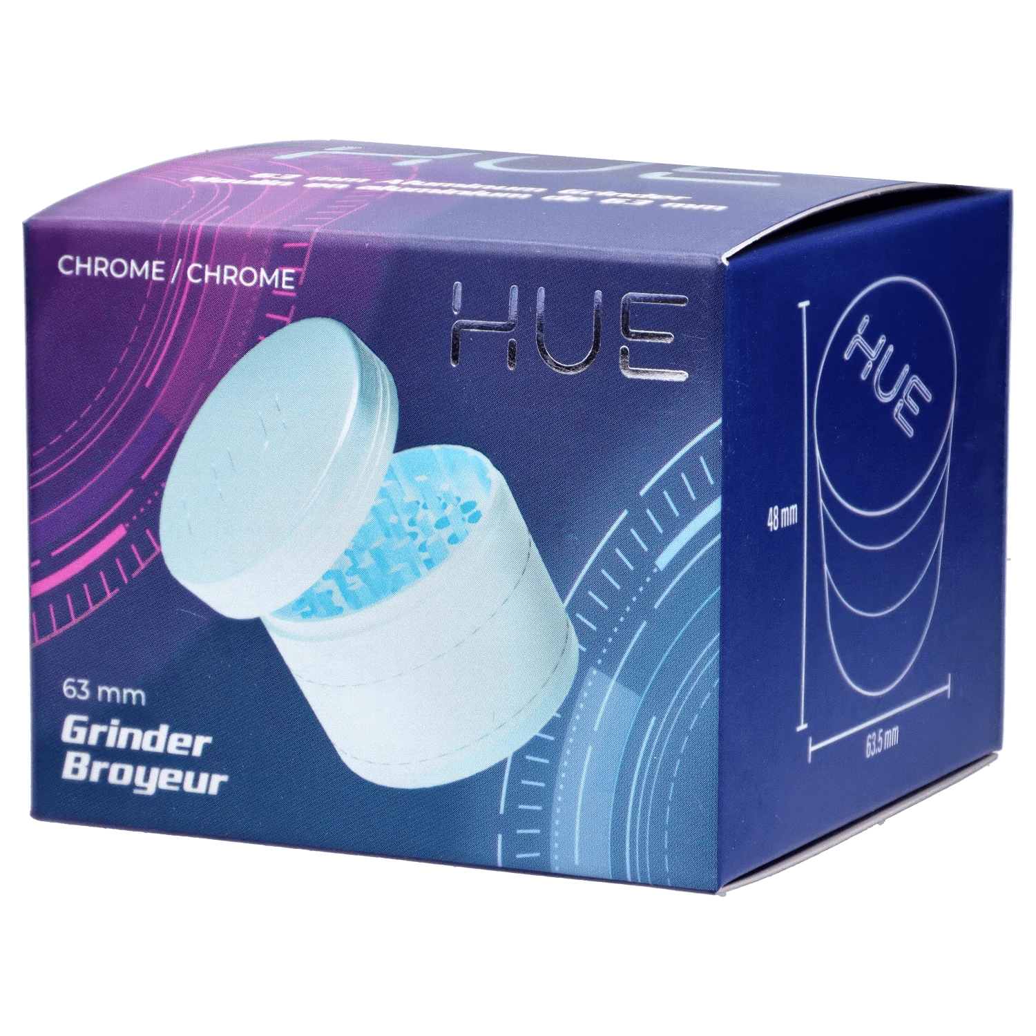 Front view of the Hue 3-Stage Grinder in chrome, showcasing its multi-tiered design against a blurred, colorful background.