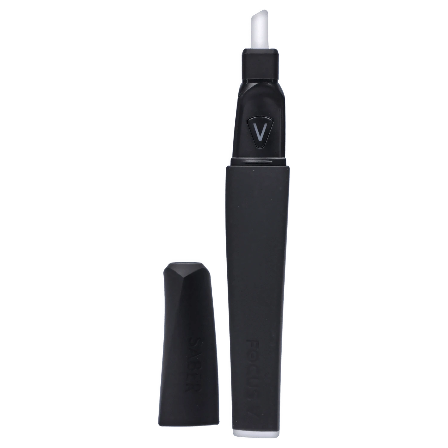 A front view of the Focus V - Saber, showing its sleek, black cylindrical shape against a plain white background.