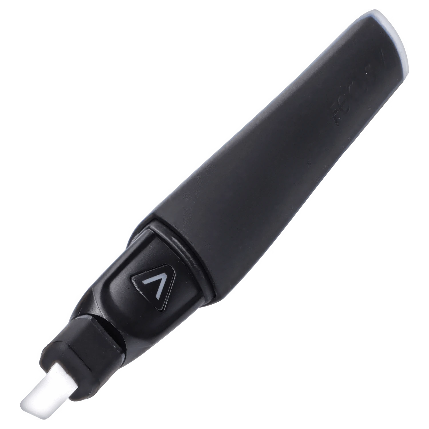 A side view of the Focus V - Saber, displaying its sleek black design and clear glass tip.