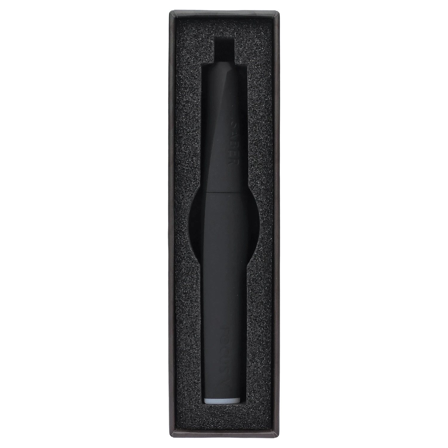 Front view of the Focus V - Saber inside a black, lined case, highlighting its sleek, cylindrical shape.