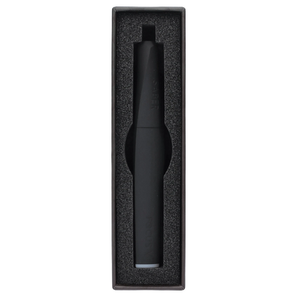 Front view of the Focus V - Saber inside a black, lined case, highlighting its sleek, cylindrical shape.
