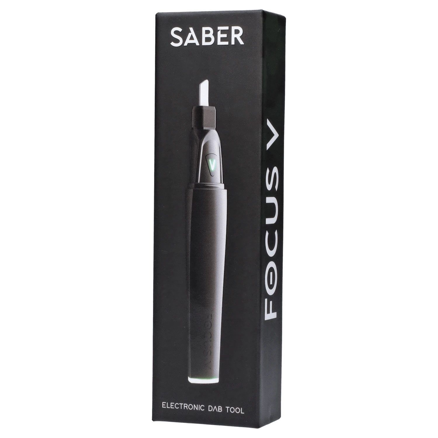 Front view of the Focus V - Saber, a sleek, metallic tool with a simple, elongated design.
