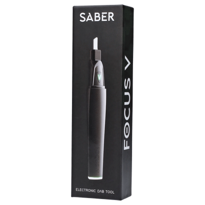 Front view of the Focus V - Saber, a sleek, metallic tool with a simple, elongated design.