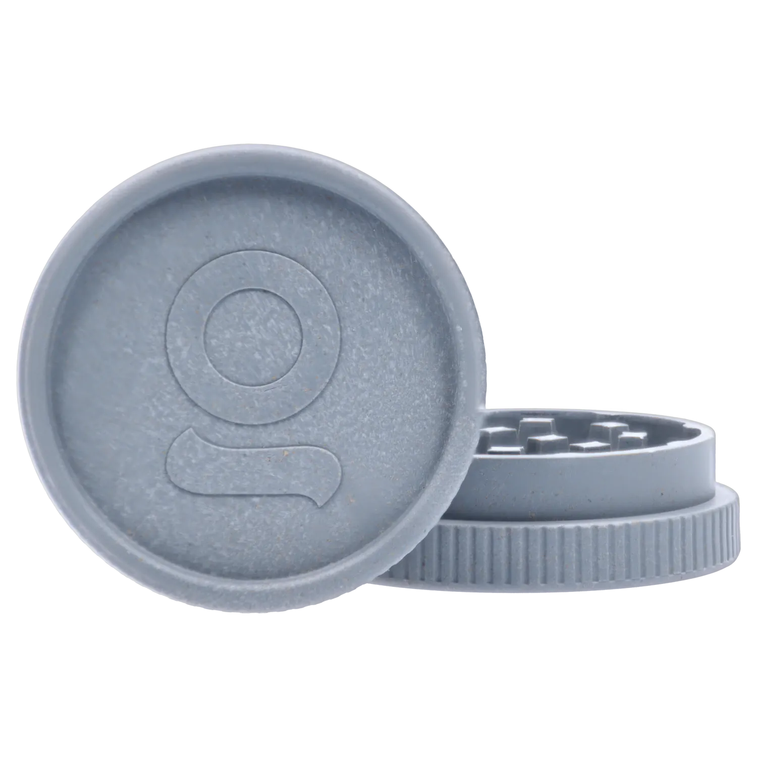 Close-up front view of a light grey Ongrok - Degradable Grinder - 24/box Assorted Colours showing the textured lid with embossed logo and the ridged grinder base.