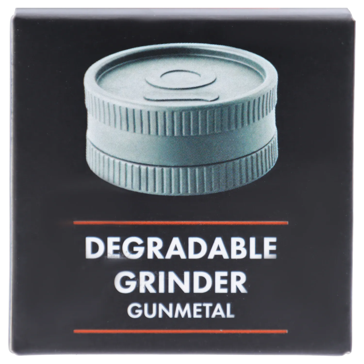 Close-up front view of a gunmetal ridged grinder on black packaging labeled Ongrok - Degradable Grinder - 24/box Assorted Colours.