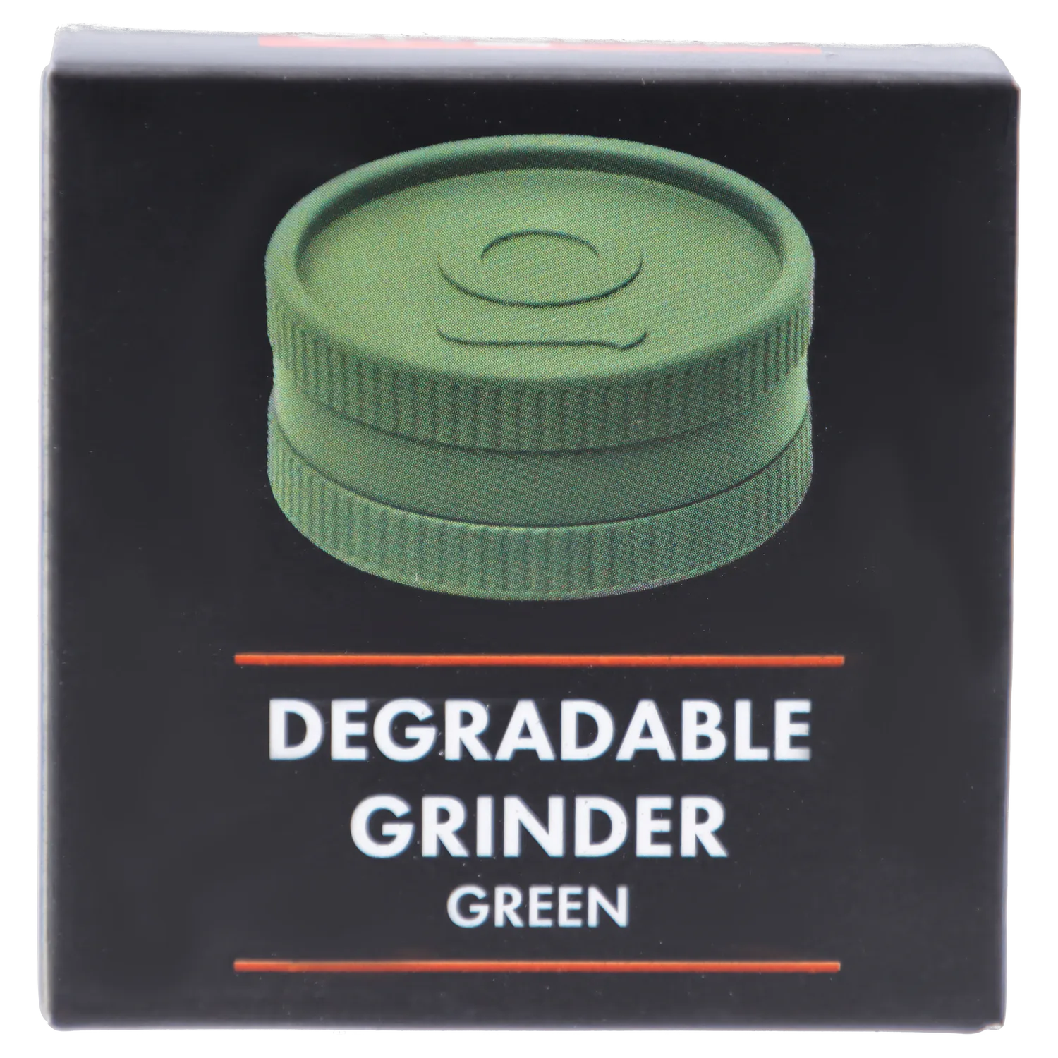 Close-up front view of a green circular Ongrok - Degradable Grinder - 24/box Assorted Colours shown on black packaging with the word "DEGRADABLE" beneath.