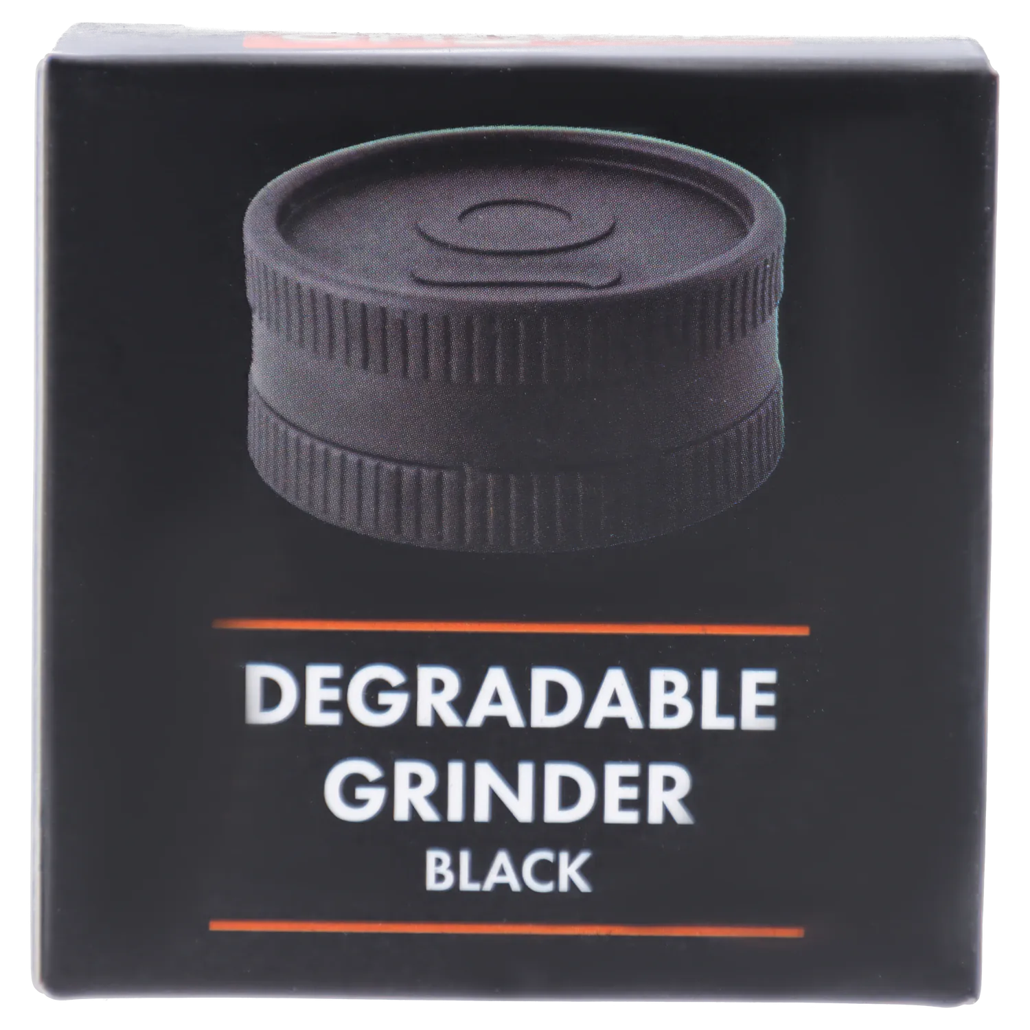 Close-up front view of a black plastic grinder pictured on the packaging for Ongrok - Degradable Grinder - 24/box Assorted Colours.