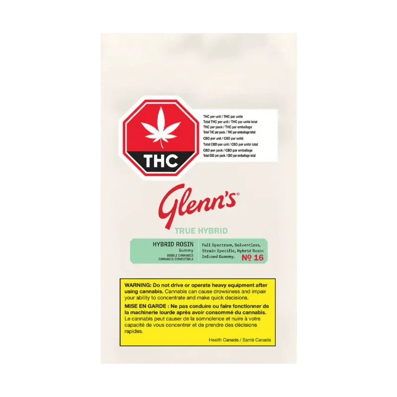 Straight-on view of a white packet labeled Glenn's No. 16 Rosin Cotton Clouds Gummies with a red THC stop sign emblem and a yellow warning box at the bottom