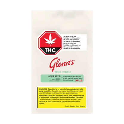 Straight-on view of a white packet labeled Glenn's No. 16 Rosin Cotton Clouds Gummies with a red THC stop sign emblem and a yellow warning box at the bottom