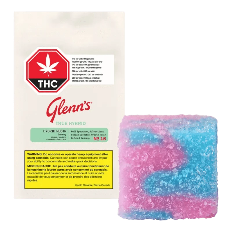 A front-facing photo of the package and pink-blue sugar-coated gummy of Glenn's No. 16 Rosin Cotton Clouds Gummies.