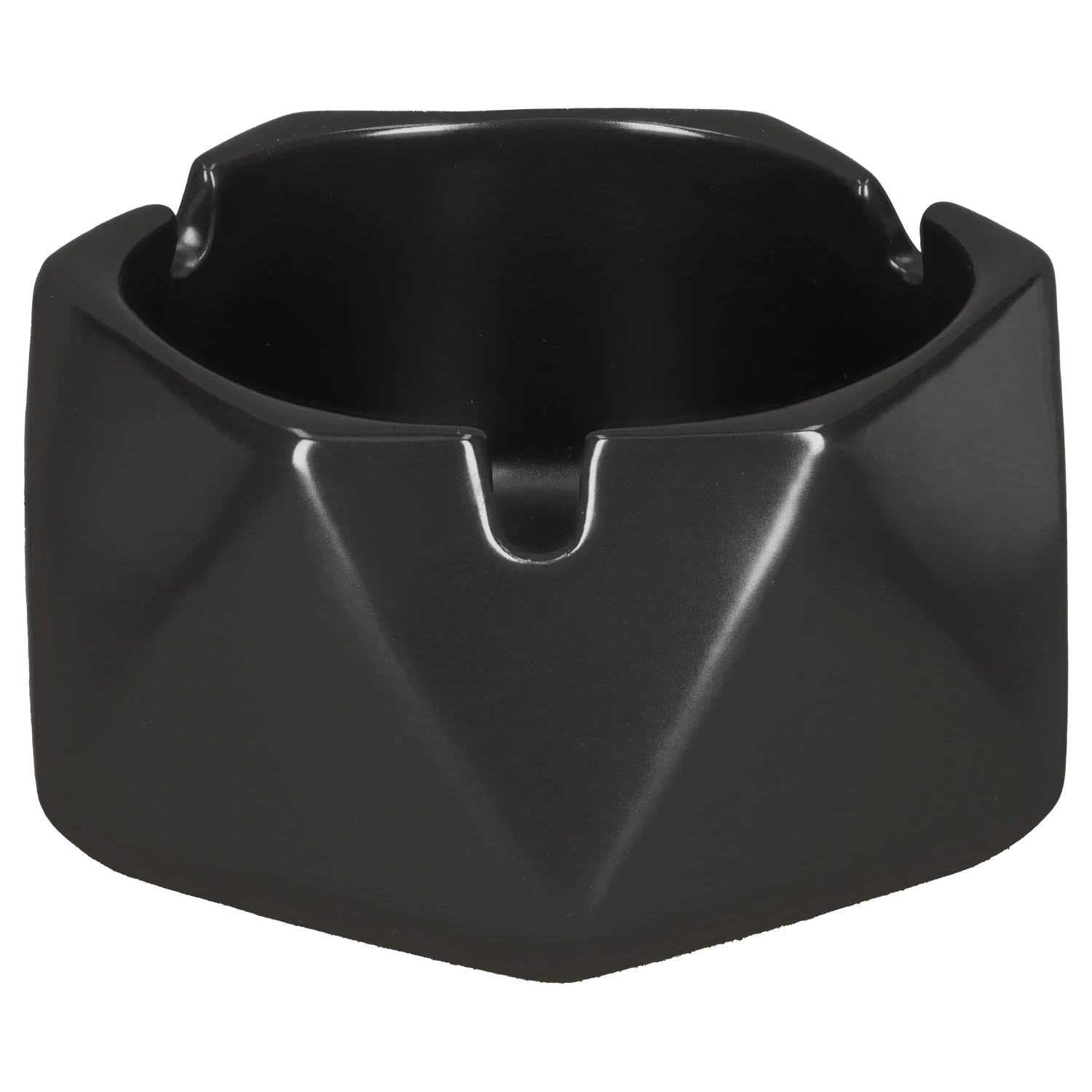 Front-facing close-up of the Valiant Hexagonal Glass Ashtray - Black - 4.4in showing its glossy black hexagonal rim, central notch, and deep bowl.