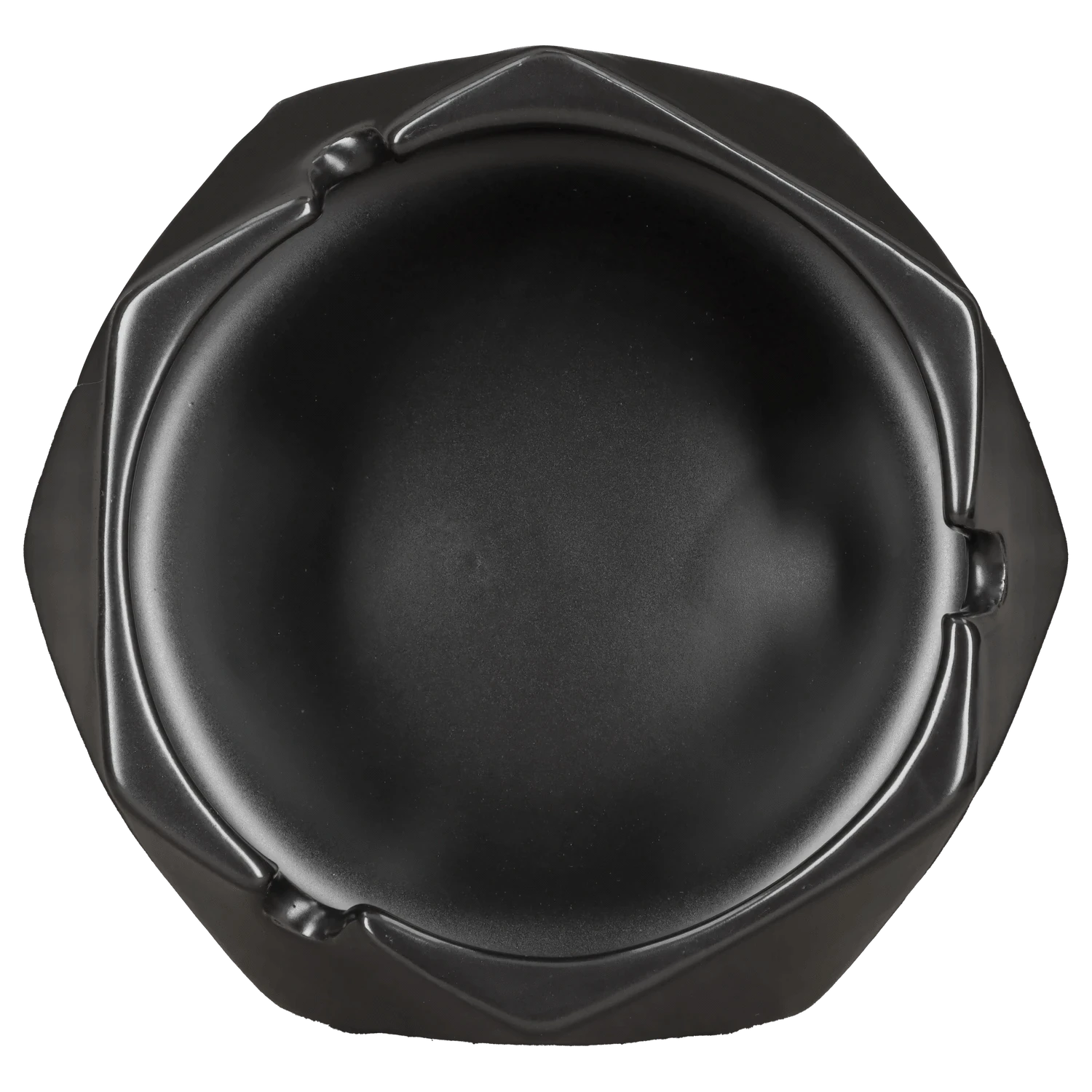 Top-down view of the Valiant Hexagonal Glass Ashtray - Black - 4.4in showing a glossy black bowl with six-sided rim and three shallow rests.