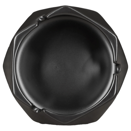 Top-down view of the Valiant Hexagonal Glass Ashtray - Black - 4.4in showing a glossy black bowl with six-sided rim and three shallow rests.