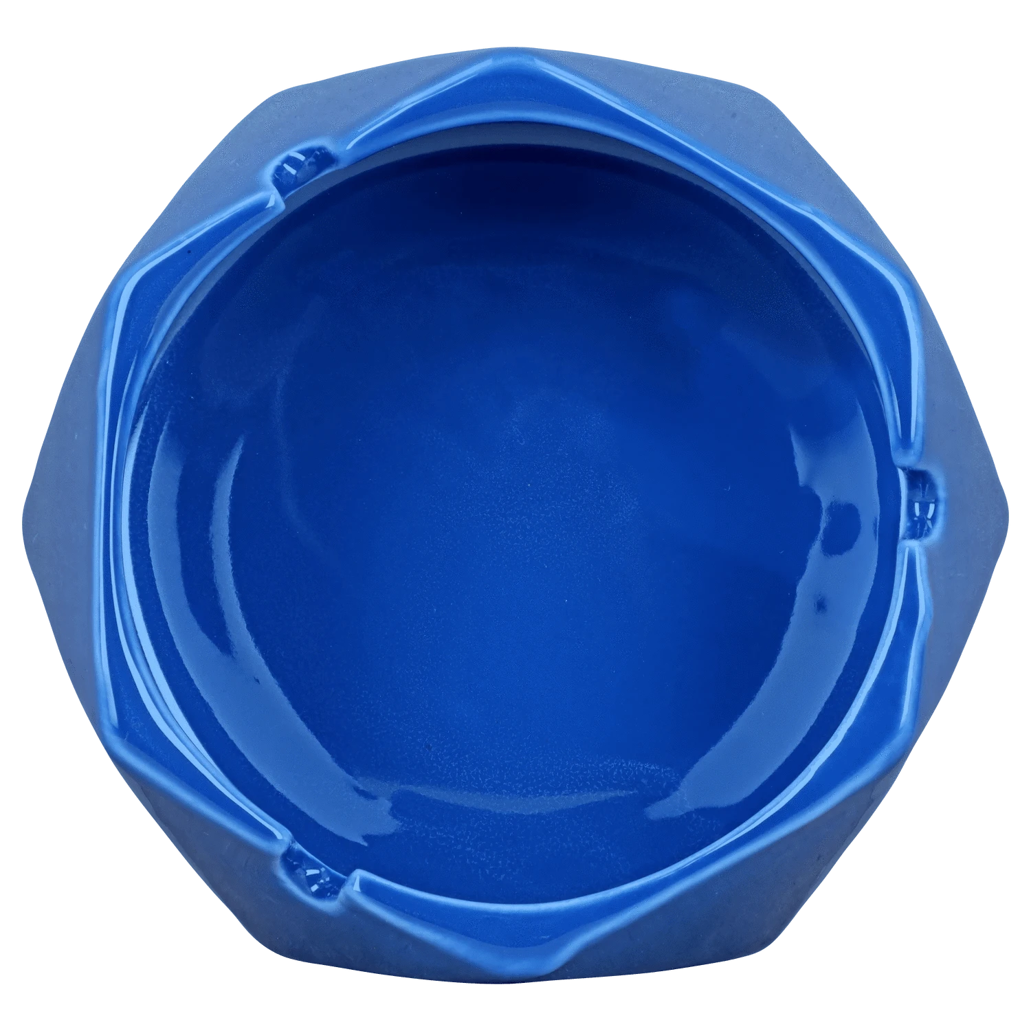 A top-down view of the teal 4.4in Valiant Hexagonal Glass Ashtray, showcasing its geometric shape and smooth glass surface.