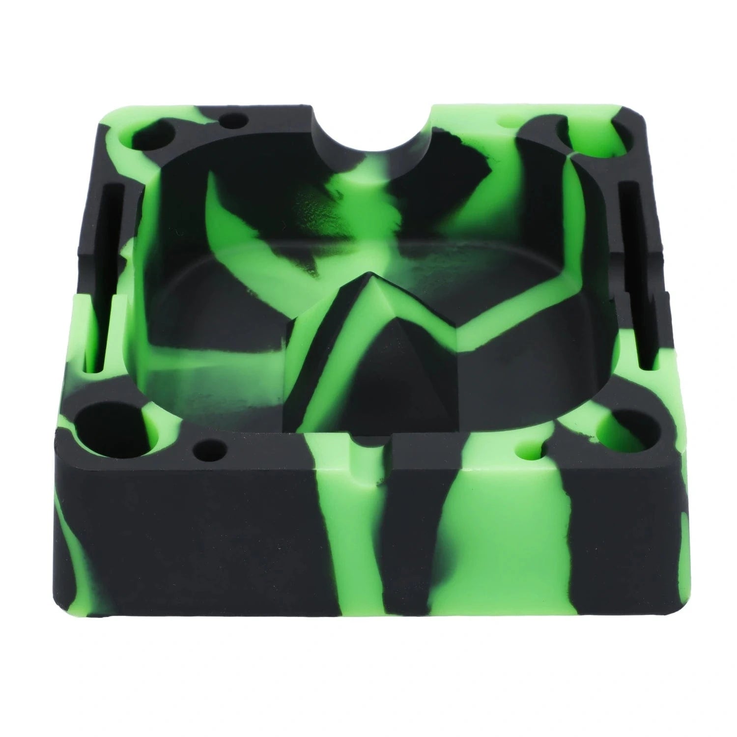 Close-up front view of a neon green and black camo Valiant Silicone Square Ashtray-Assorted showing its square cavity, raised center pyramid, corner notches and glossy silicone texture