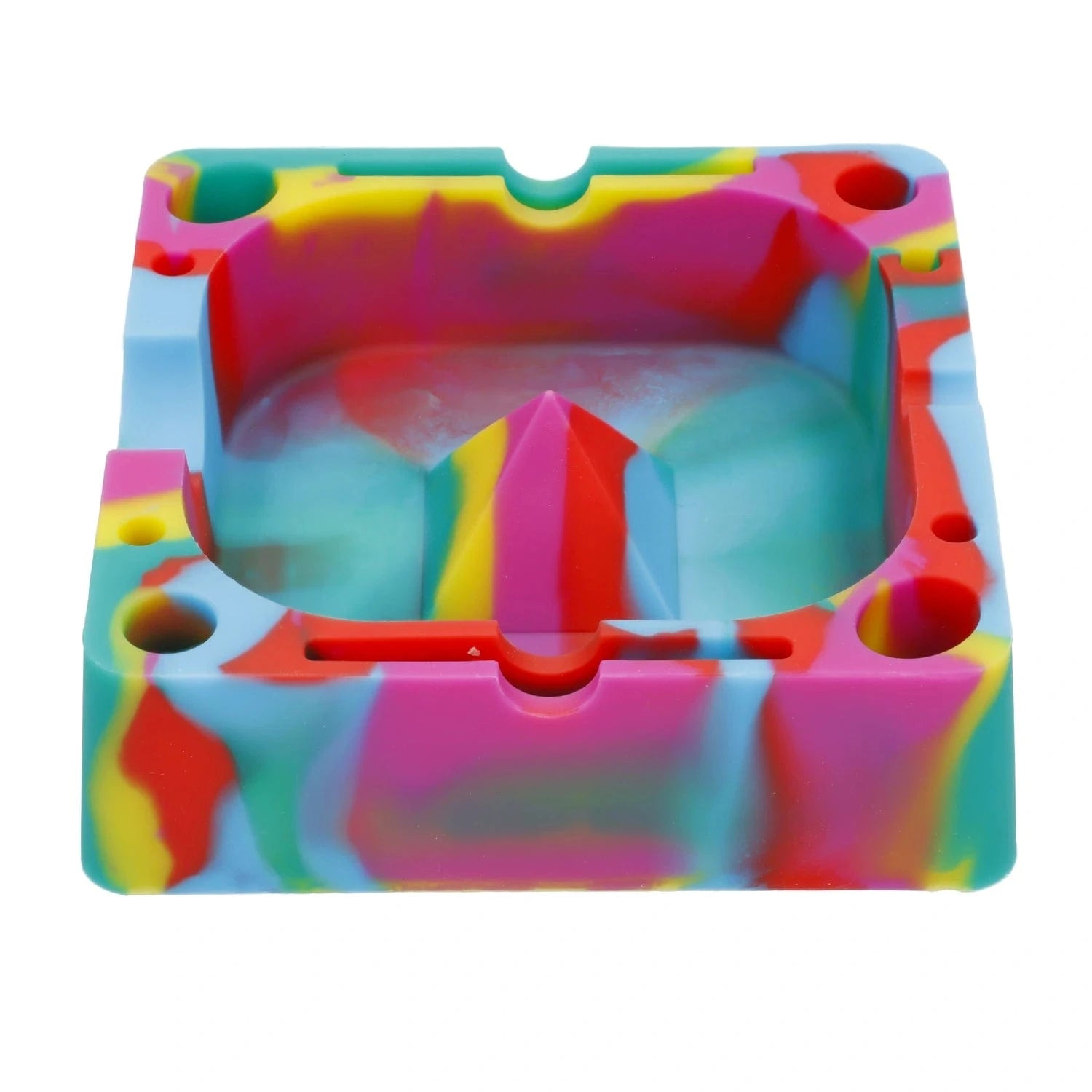 Top-down view of a brightly swirled Valiant Silicone Square Ashtray-Assorted showing its squared cavity, central pyramid ridge, and multiple circular rests.