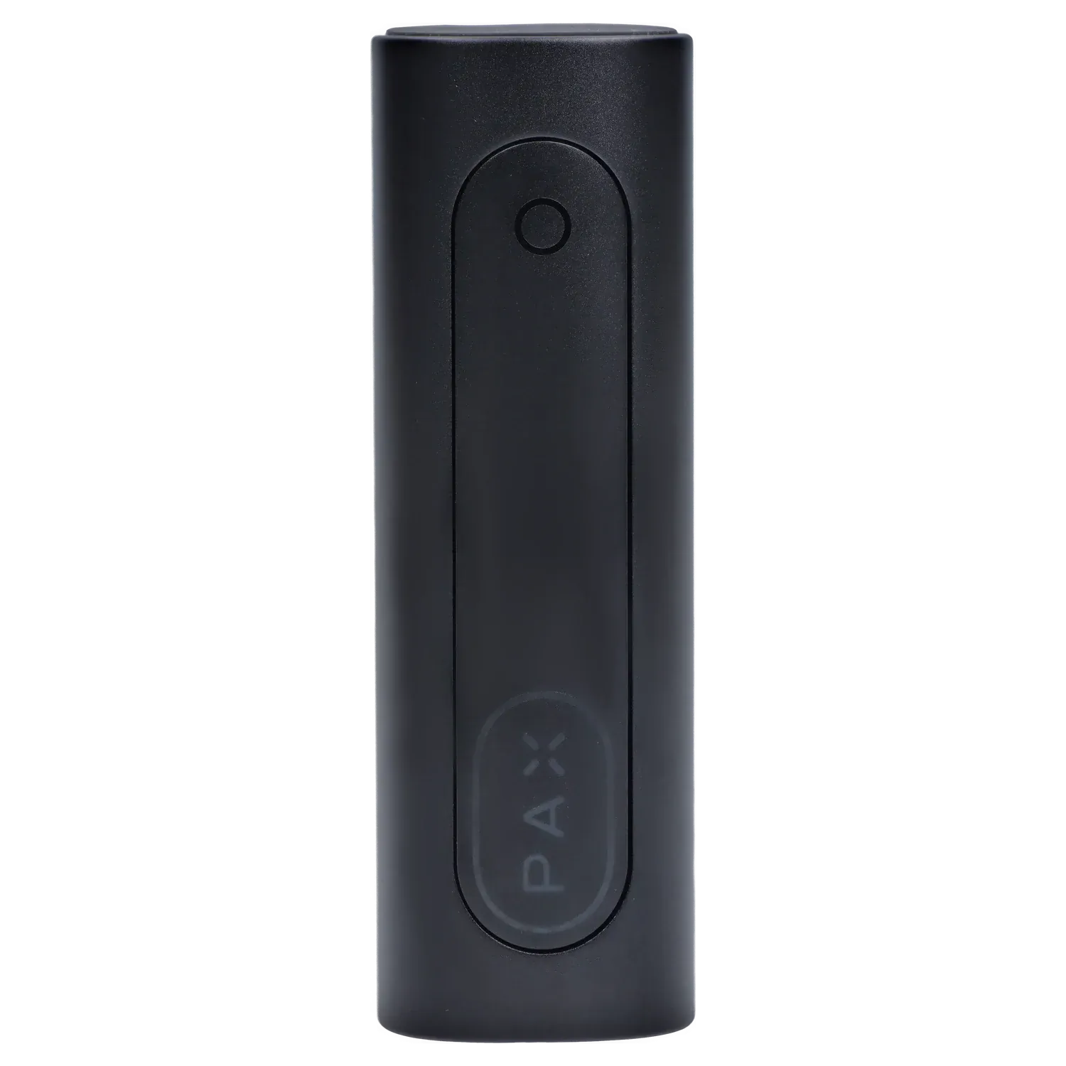 Close-up front view of the black PAX Flow Dry Herb Vaporizer – Onyx showing its matte cylindrical body and centered oval control button.