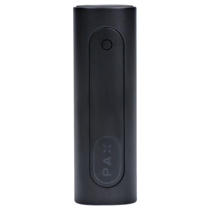 Close-up front view of the black PAX Flow Dry Herb Vaporizer – Onyx showing its matte cylindrical body and centered oval control button.