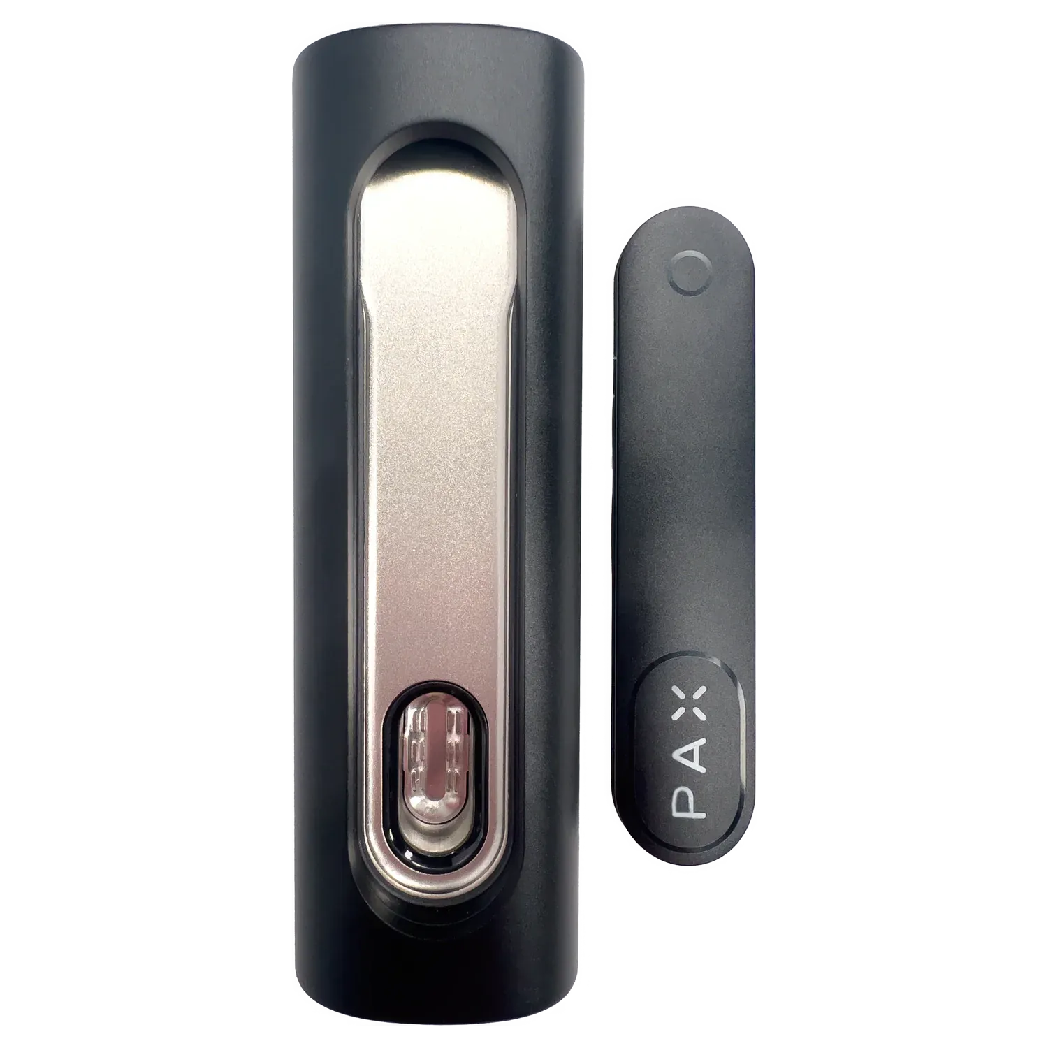 Close-up top-down view of the Onyx PAX Flow Dry Herb Vaporizer – Onyx showing the matte black body and metallic mouthpiece insert next to the slim branded battery cap.