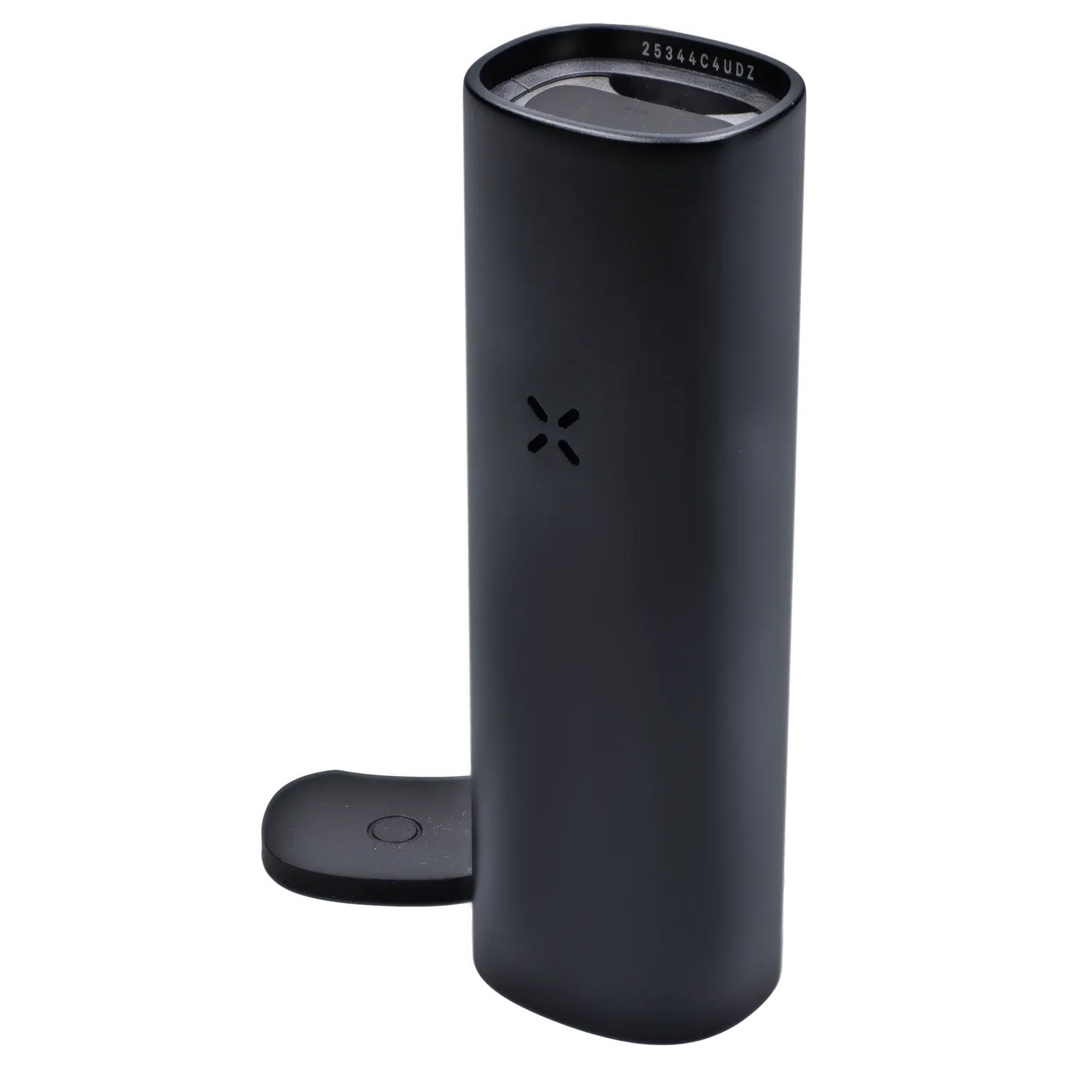 Tall angled close-up of the Onyx PAX Flow Dry Herb Vaporizer showing its matte black cylinder, top mouthpiece and docking tab.