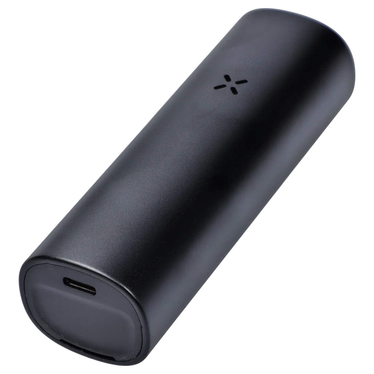 Angled close-up of the Onyx PAX Flow Dry Herb Vaporizer – Onyx showing its matte black curved body, bottom USB‑C port, and centered flower-shaped vent.