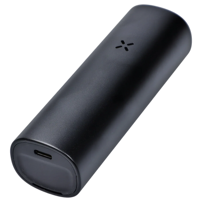 Angled close-up of the Onyx PAX Flow Dry Herb Vaporizer – Onyx showing its matte black curved body, bottom USB‑C port, and centered flower-shaped vent.