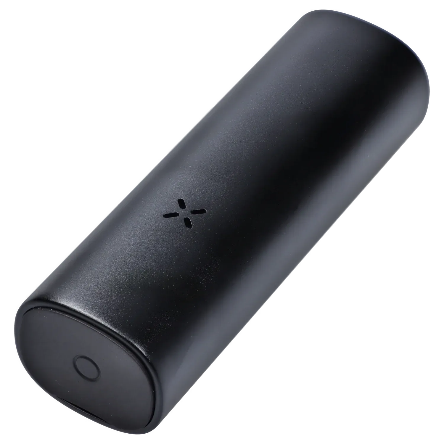 Angled close-up of the matte black PAX Flow Dry Herb Vaporizer – Onyx showing its cylindrical body, rounded end, and X-shaped vent.
