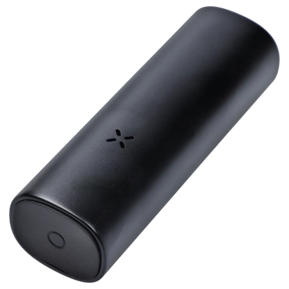 Angled close-up of the matte black PAX Flow Dry Herb Vaporizer – Onyx showing its cylindrical body, rounded end, and X-shaped vent.