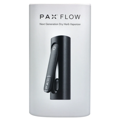 Vertical centered product shot of the PAX Flow Dry Herb Vaporizer – Onyx against a soft white background, showing the black cylindrical device and clipped mouthpiece from a slightly angled front view.