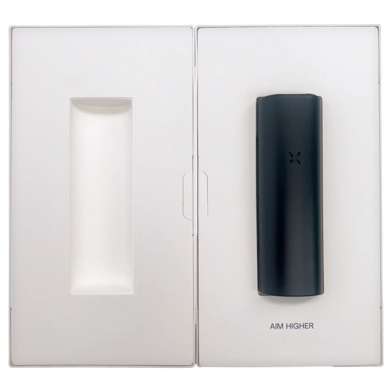 Top-down view of the Onyx PAX Flow Dry Herb Vaporizer – Onyx nestled in white packaging beside an empty molded compartment.