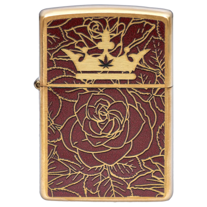 Close-up front view of the Queen of Bud: Passion Ritual Box – Candle, Zippo, and Crystal showing a gold-toned lighter face engraved with a crown and rose motif over a textured burgundy background
