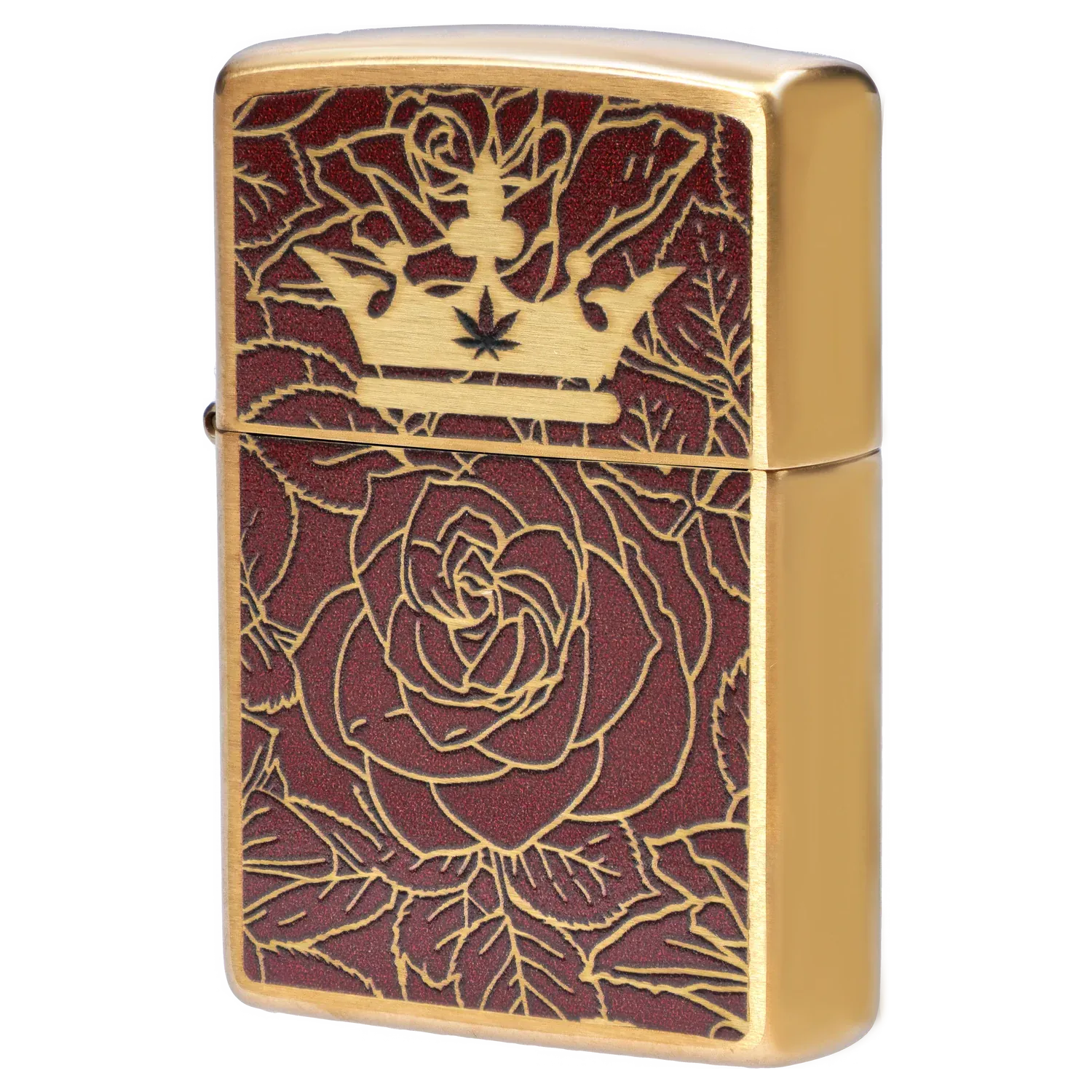 Close-up angled view of the Queen of Bud: Passion Ritual Box – Candle, Zippo, and Crystal showing a gold Zippo with engraved crown and rose pattern on a textured burgundy background.