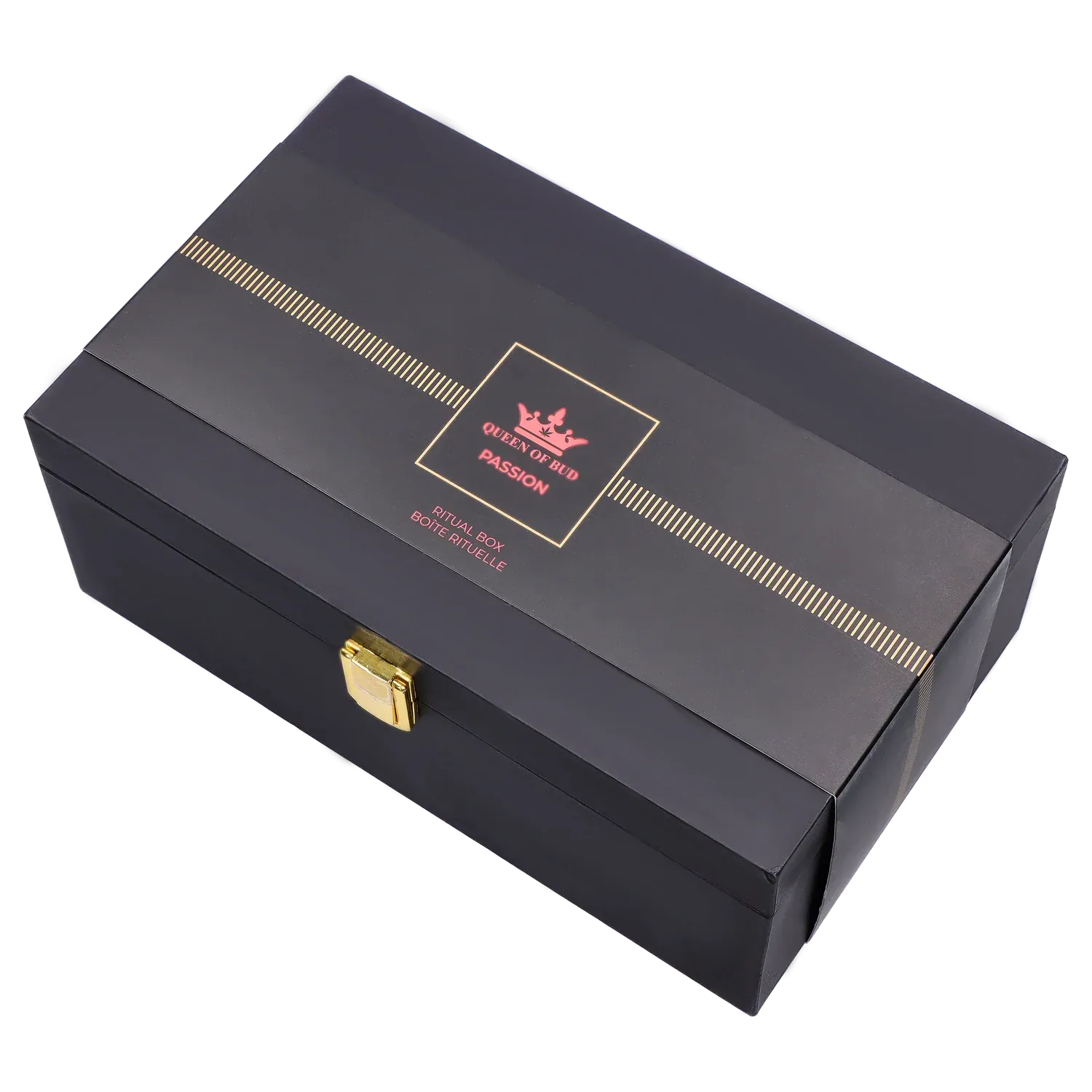 Angled top view of the black Queen of Bud: Passion Ritual Box – Candle, Zippo, and Crystal with gold trim, central pink logo, and brass latch