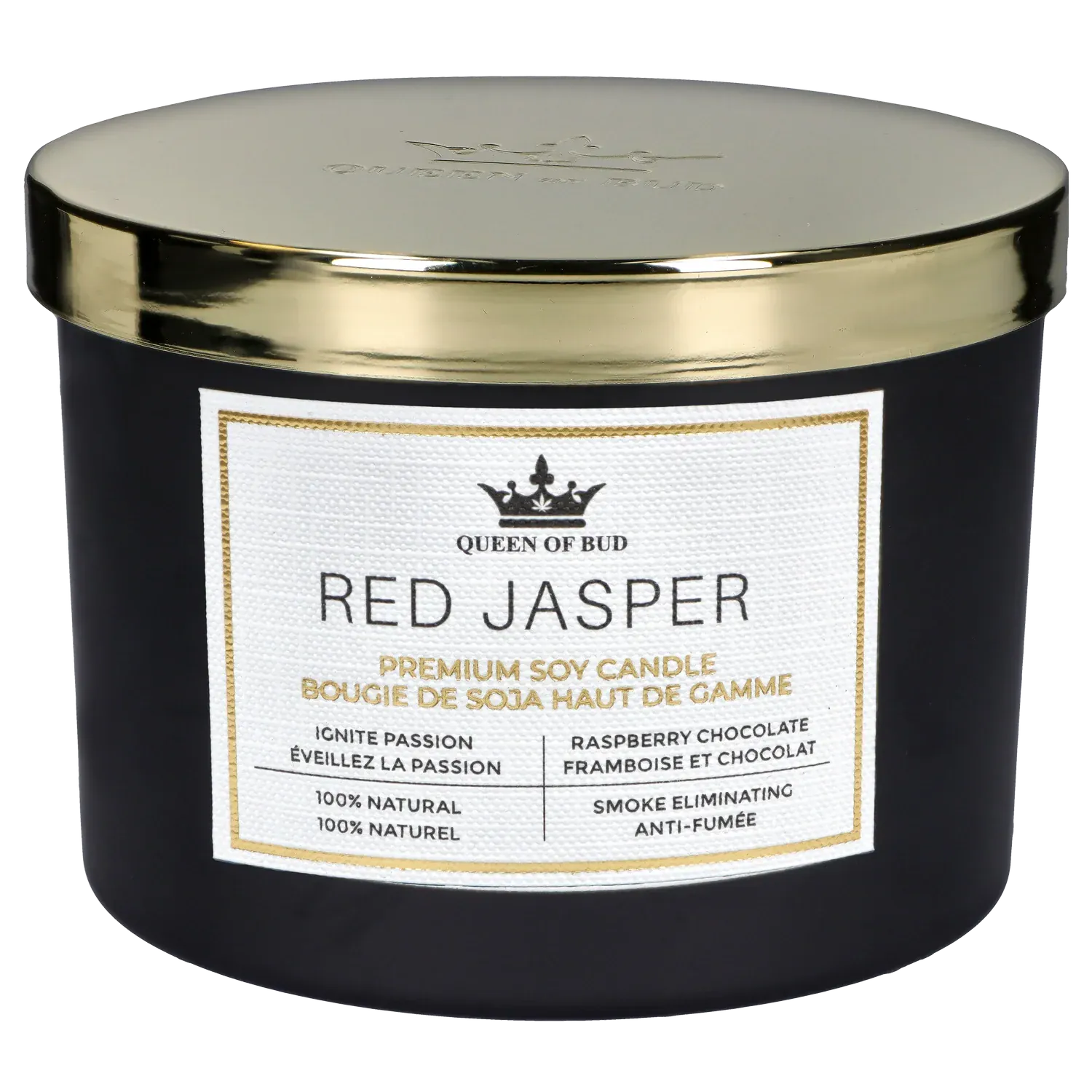 Close-up front view of the Queen of Bud: Passion Ritual Box – Candle, Zippo, and Crystal showing the black jar with a gold lid and a white "Red Jasper" label.