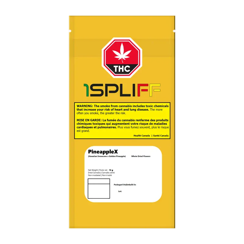 Front-facing shot of the yellow package showing the PineappleX label beneath a red THC stop sign and a black SPLIFF logo.