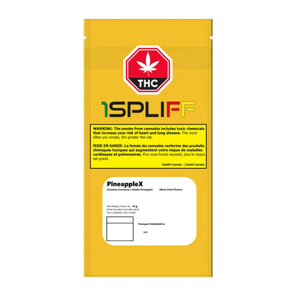 Front-facing shot of the yellow package showing the PineappleX label beneath a red THC stop sign and a black SPLIFF logo.