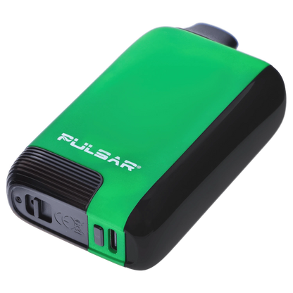 Angled close-up of the green Pulsar 510 DL 5.0 Thermo Series Vape - Acid Splash showing its rounded black edge, mouthpiece and white Pulsar logo.