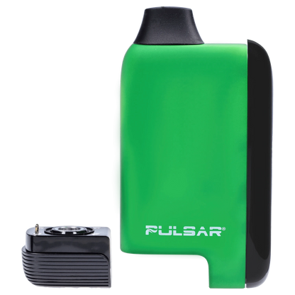 Close-up of the green Pulsar 510 DL 5.0 Thermo Series Vape - Acid Splash shown upright with a detached black cartridge module beside it.