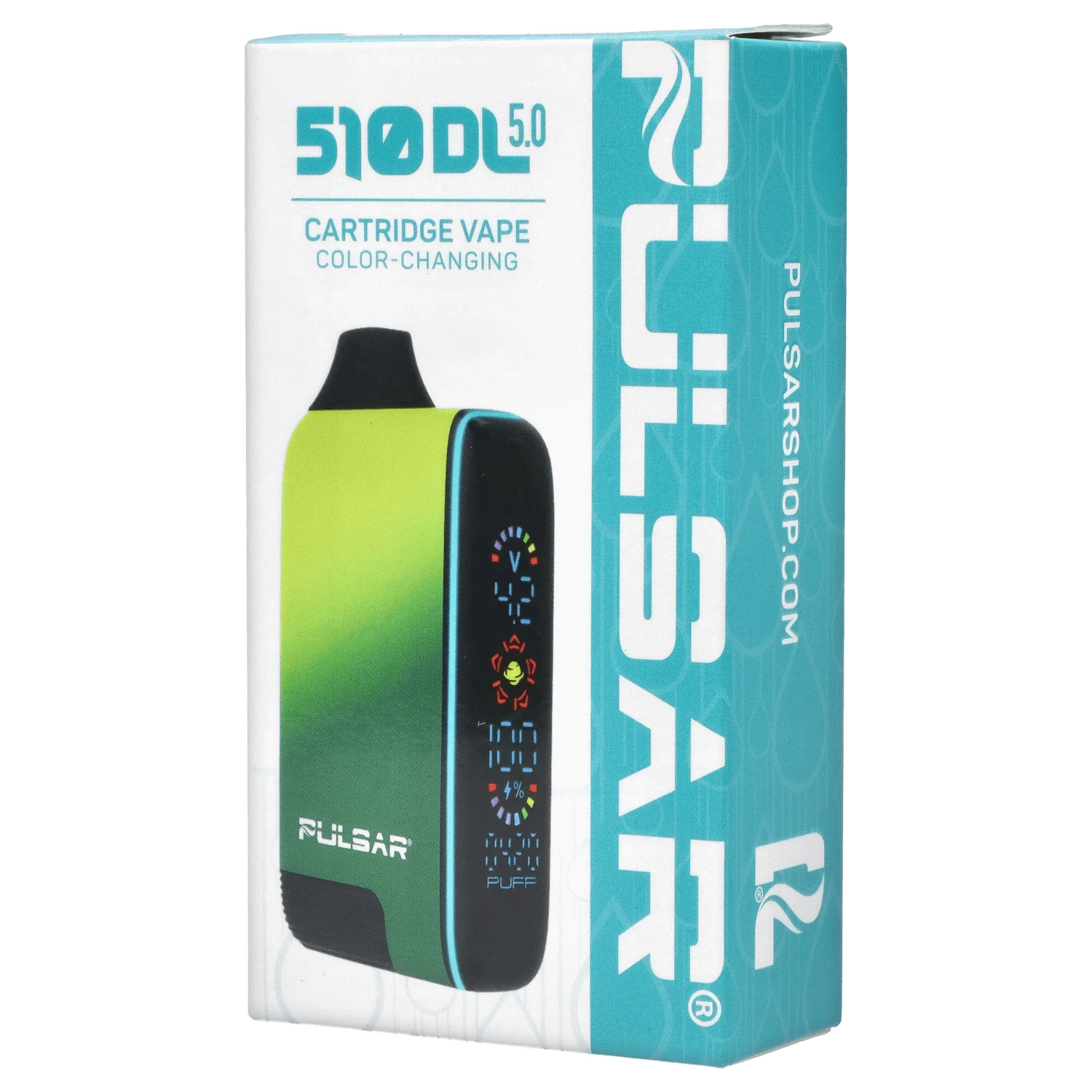 Vertical close-up of the turquoise-and-green Pulsar 510 DL 5.0 Thermo Series Vape - Acid Splash box showing the device image and side logo.