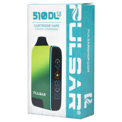 Vertical close-up of the turquoise-and-green Pulsar 510 DL 5.0 Thermo Series Vape - Acid Splash box showing the device image and side logo.