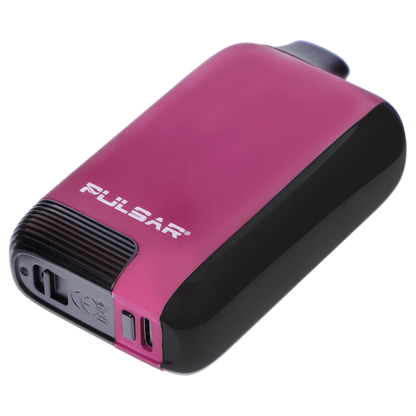 Angled close-up of the pink Pulsar 510 DL 5.0 Thermo Series Vape - Fairy Fire showing its rounded top, black side panel, and vented base.